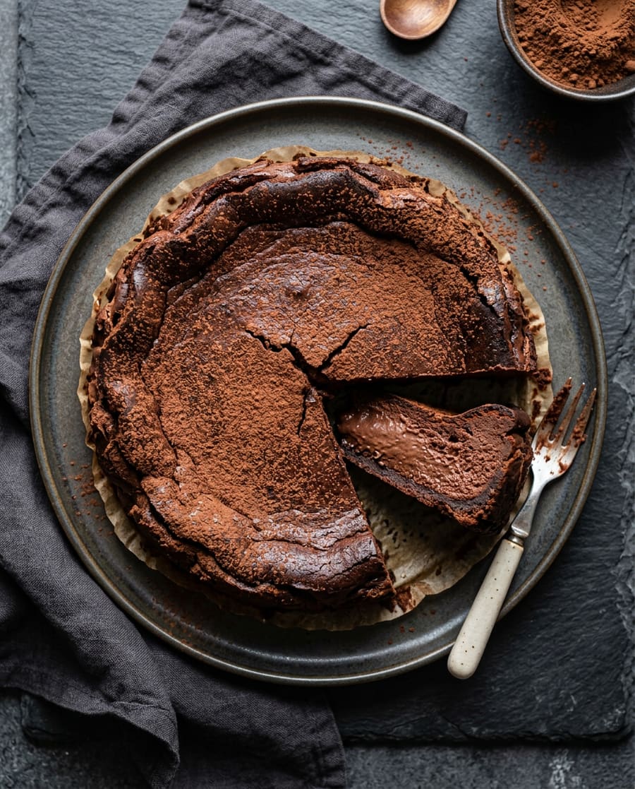 A chocolate Basque cheesecake dusted with cocoa (generated image)
