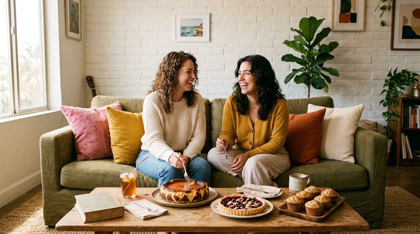 Two friends laughing on a green sofa over a Basque cheesecake, a cherry tart and banana muffins (generated image)
