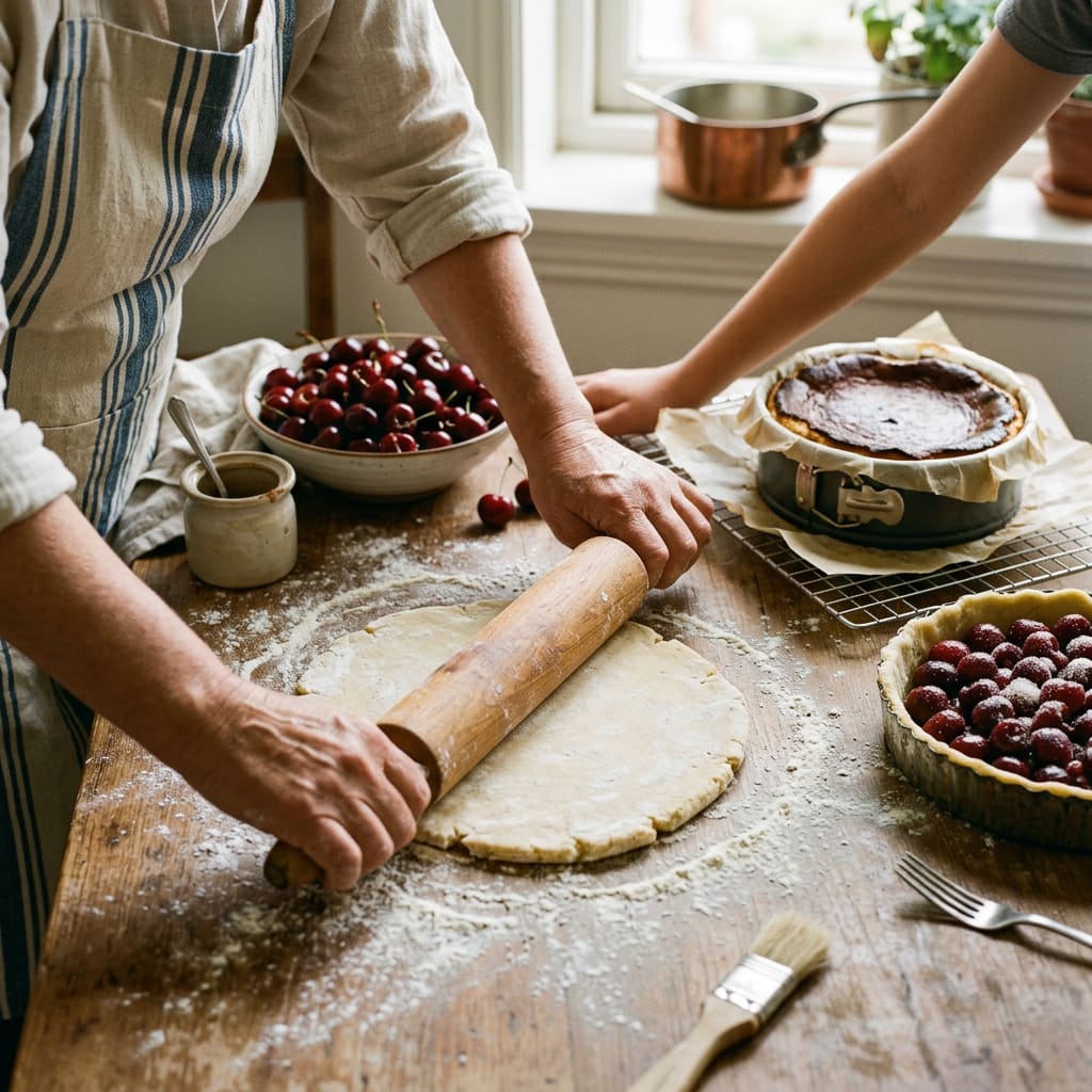 Hands rolling out pastry dough at a floured wooden table beside a bowl of cherries (generated image)